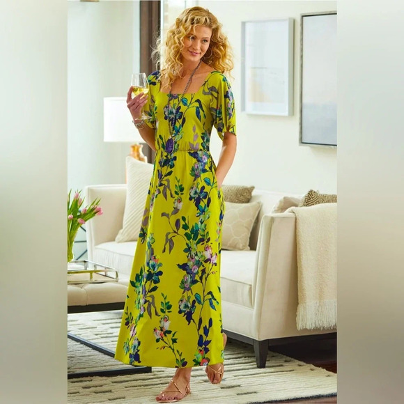 Soft Surroundings Dresses & Skirts - Soft Surroundings Maise Yellow Floral Smocked Maxi Dress SZ M Squire Neck Boho